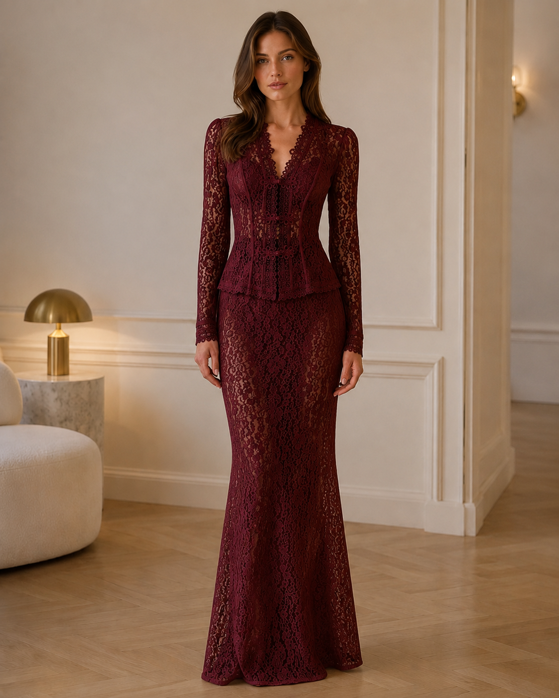Front view of burgundy lace long sleeve mermaid maxi dress