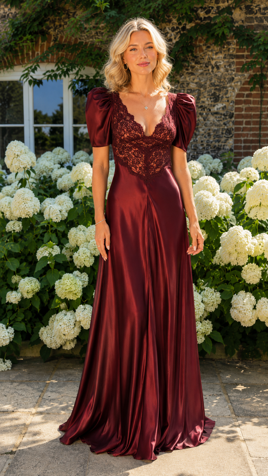 Front view of burgundy lace bodice satin-look maxi dress with puff sleeves
