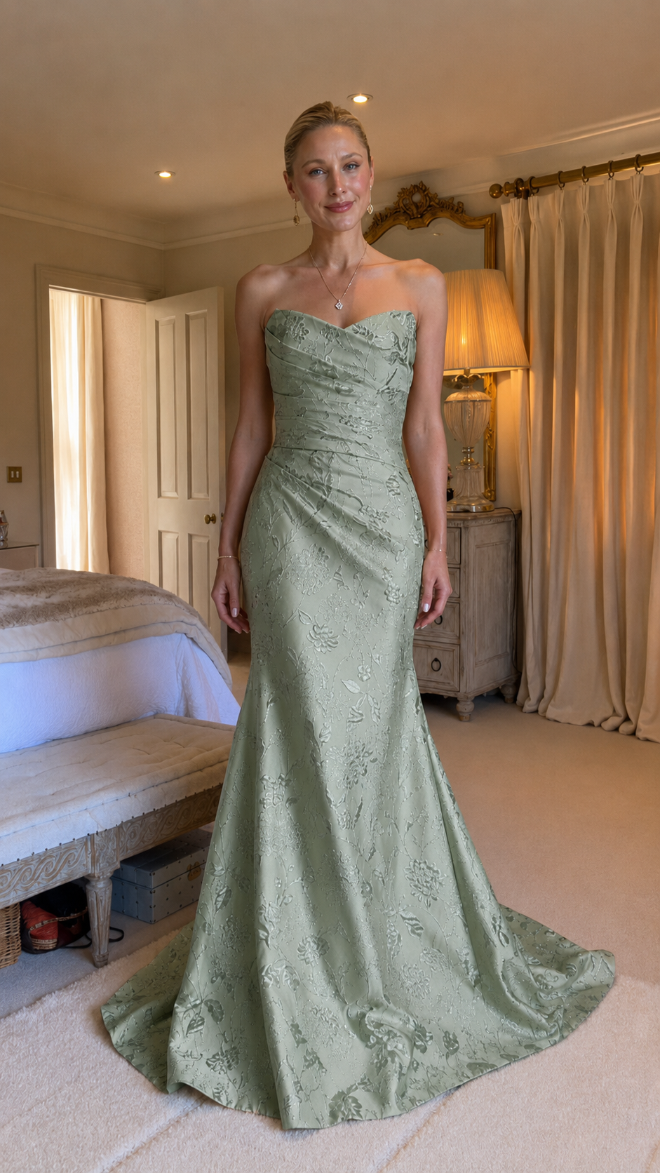 Front view of sage green strapless sweetheart jacquard gown