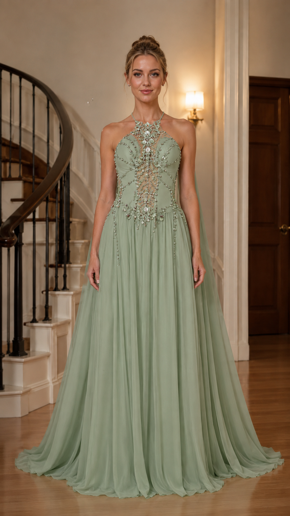 Sage green embellished halter formal gown with flowing chiffon-look skirt