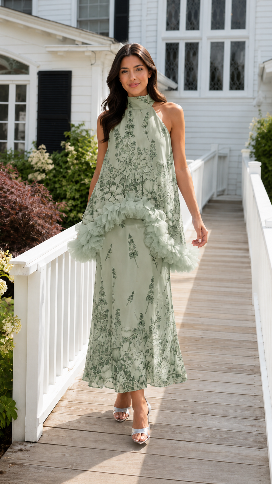 Sage green floral halter maxi dress with textured ruffle trim