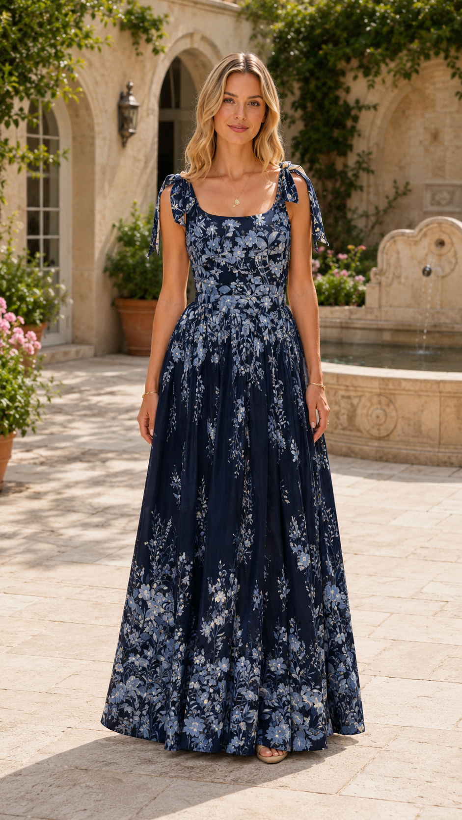 Model wearing a navy floral tie-shoulder square neck maxi dress