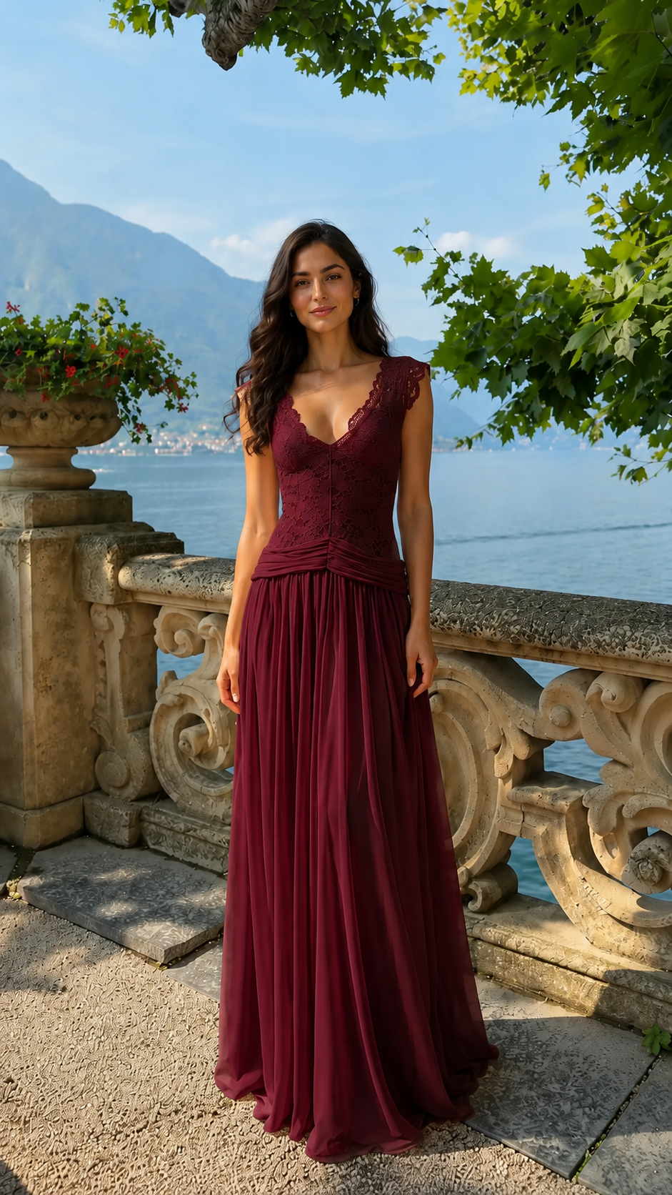 Front view of burgundy lace bodice pleated maxi dress