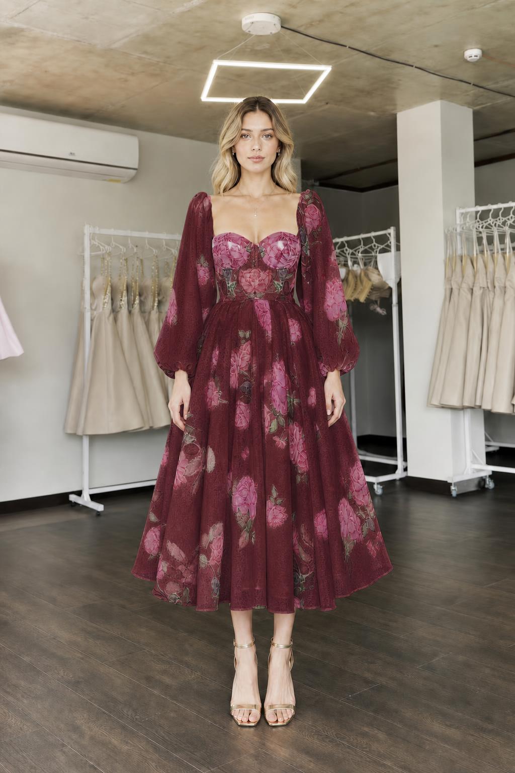 Front view of burgundy floral midi dress