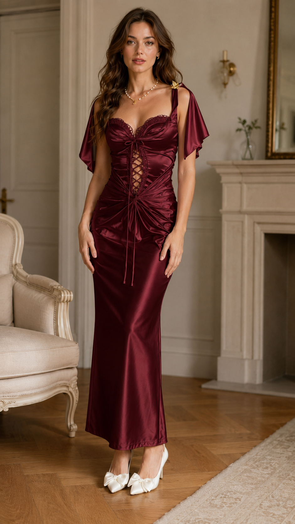 Front view of burgundy satin-look lace-up ruched maxi dress with flutter sleeves