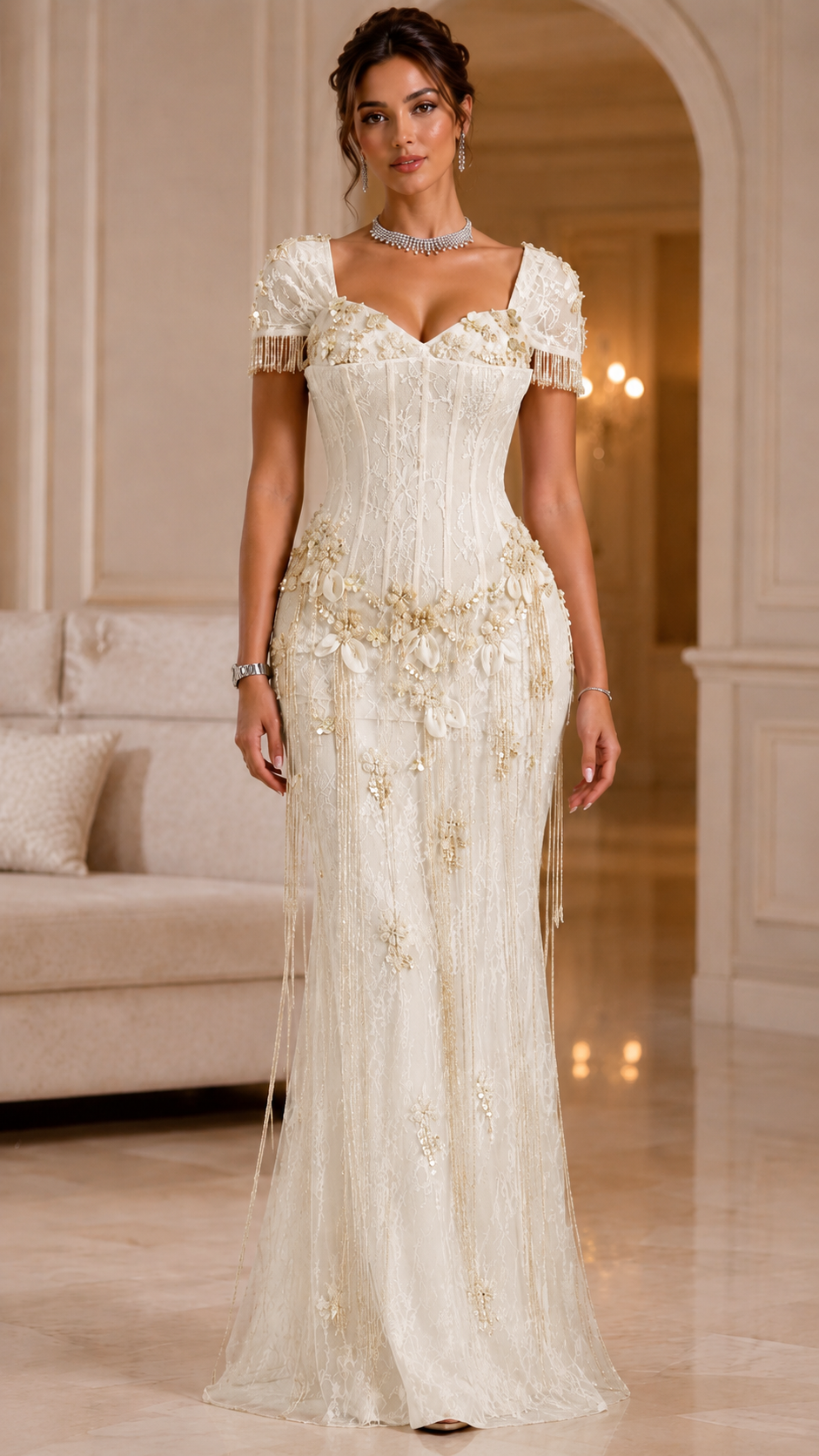 Ivory embellished corset-style evening gown with floral appliqué front view