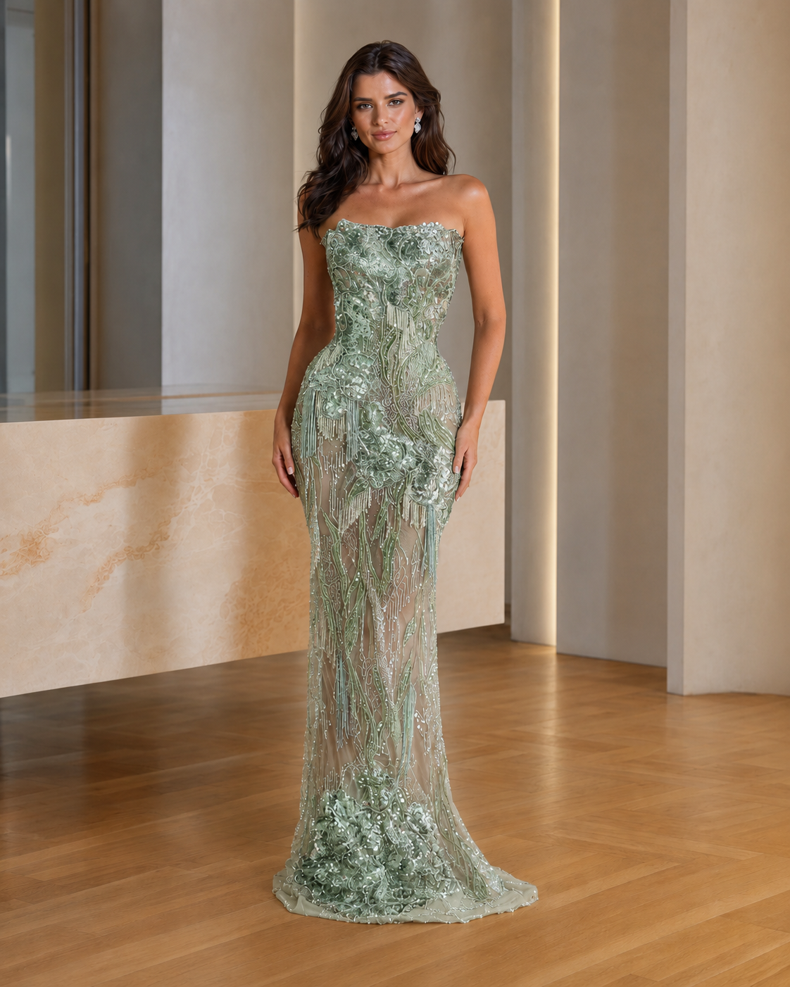 Sage strapless sequin embroidered mermaid gown front view