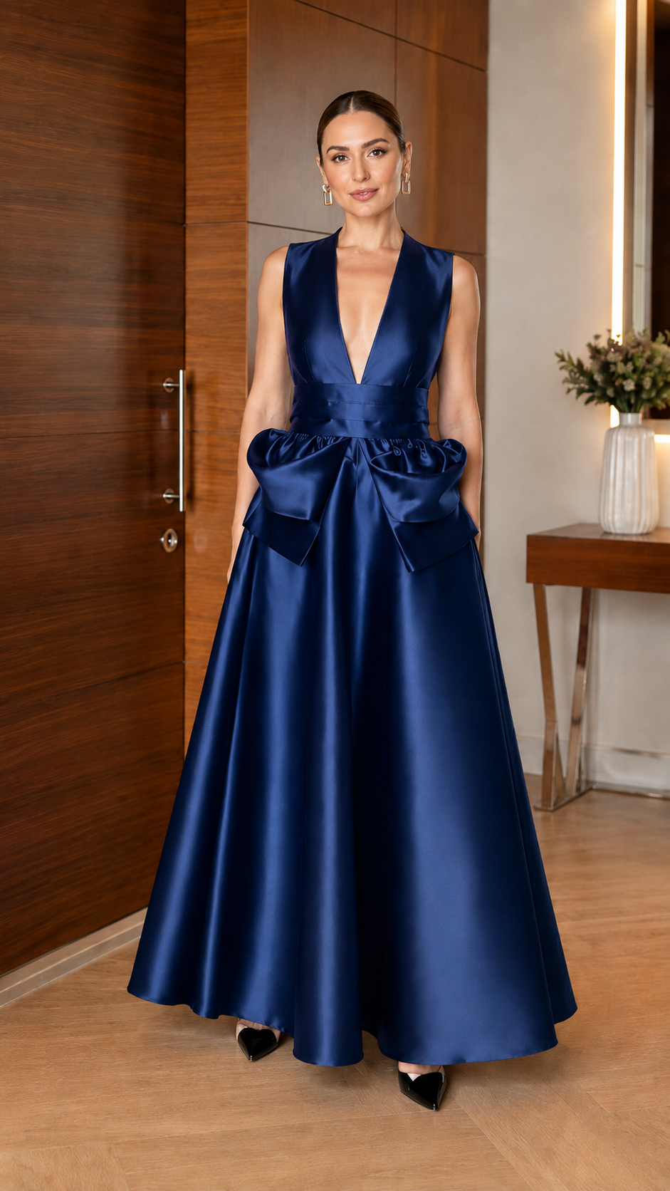 Front view of royal blue sleeveless satin-look formal gown with full skirt