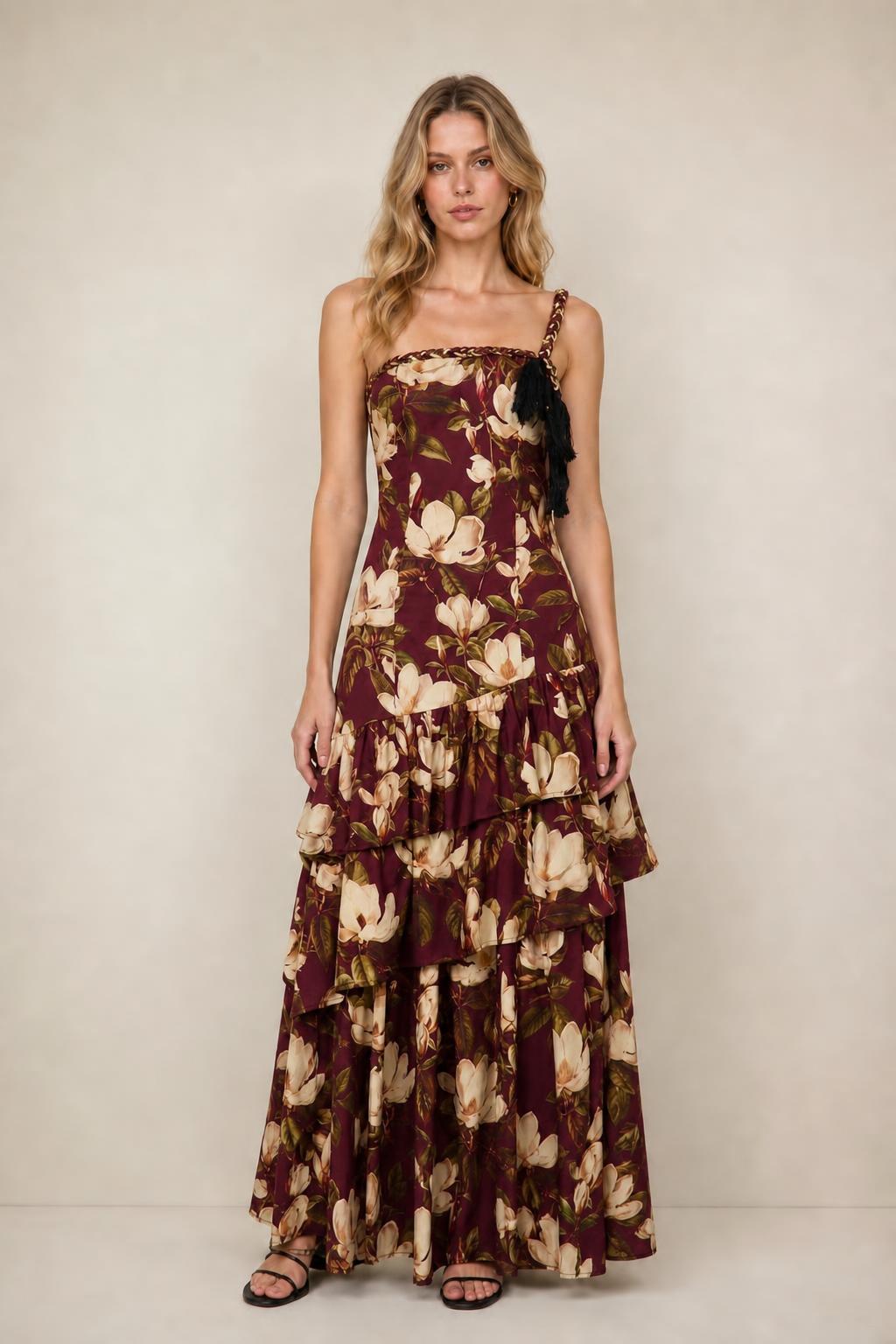 Front view of floral print tiered maxi dress in burgundy