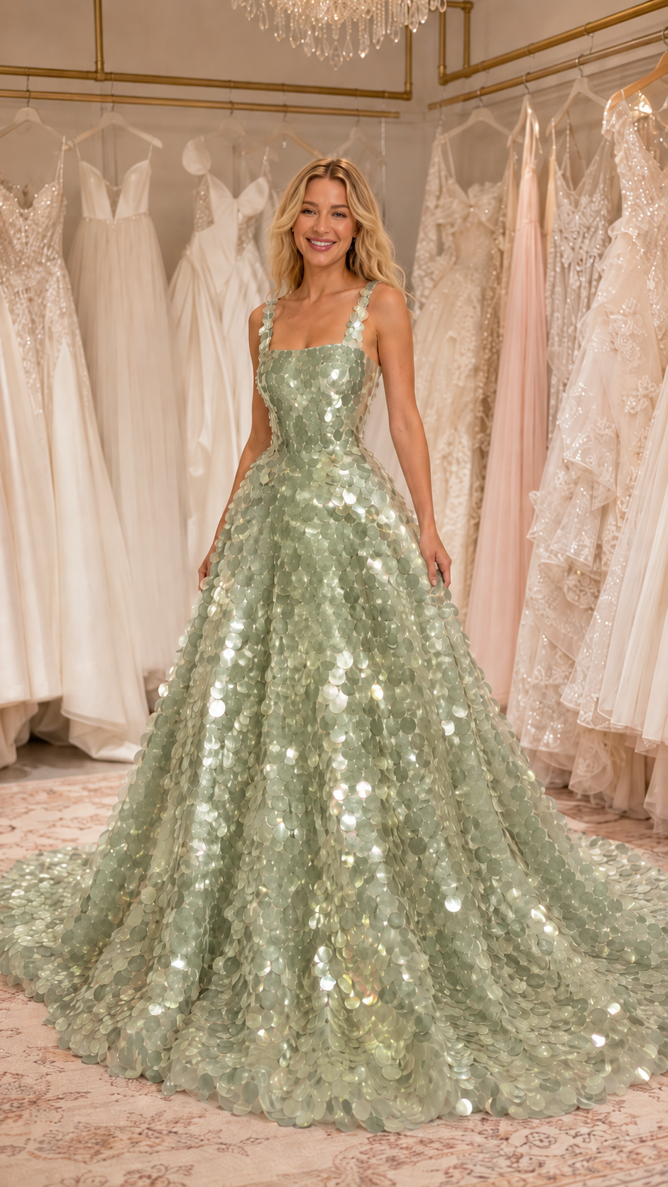 Front view of sage green sequin maxi gown with full skirt and reflective finish
