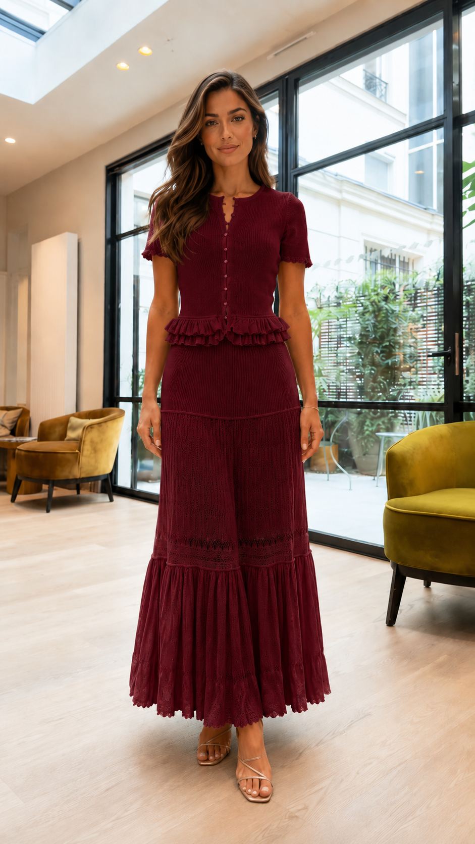 Front view of burgundy short-sleeve knit maxi skirt set