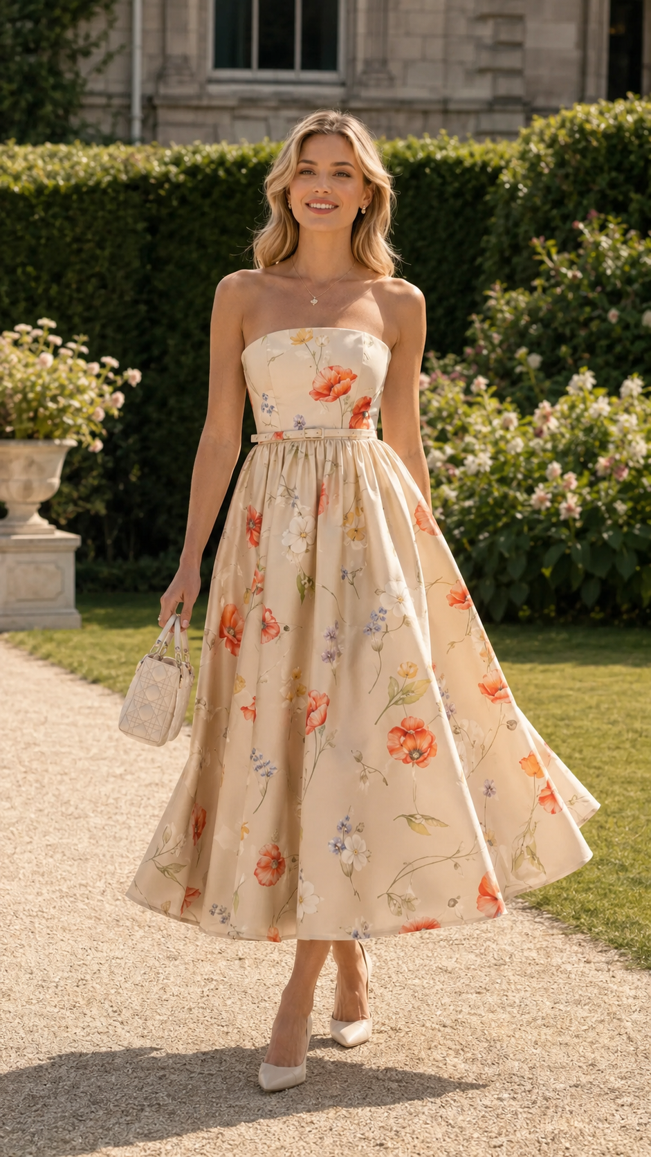 Front view of champagne strapless floral midi dress with full skirt