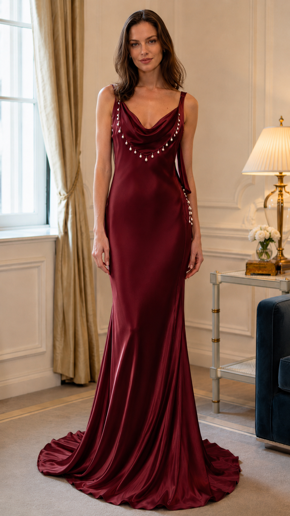 Front view of burgundy beaded cowl neck formal maxi dress