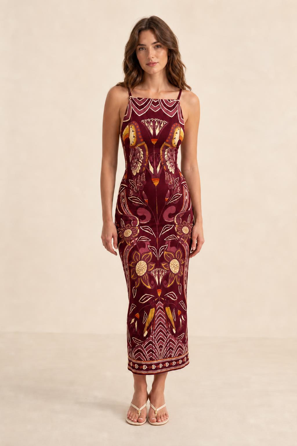 Full length front view of model wearing Burgundy printed midi dress
