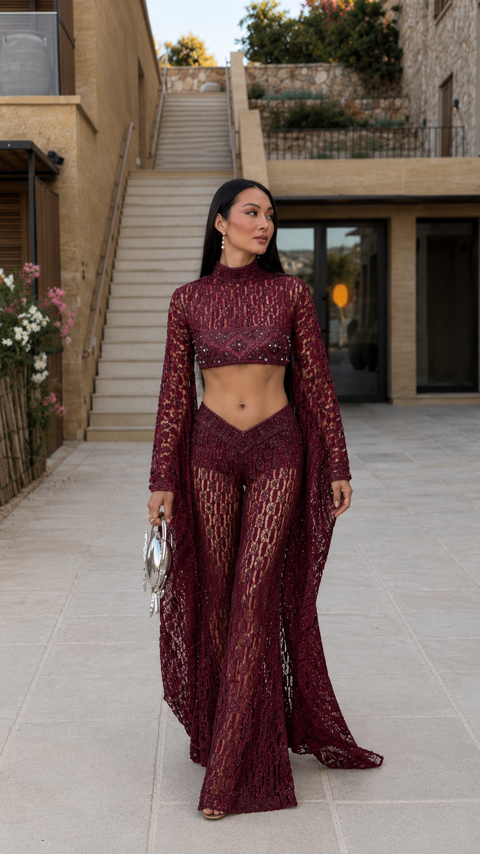 Front view of burgundy sheer lace 3-piece set for evening occasion wear