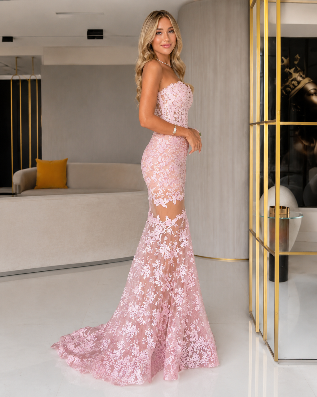 Blush pink strapless lace mermaid dress side view