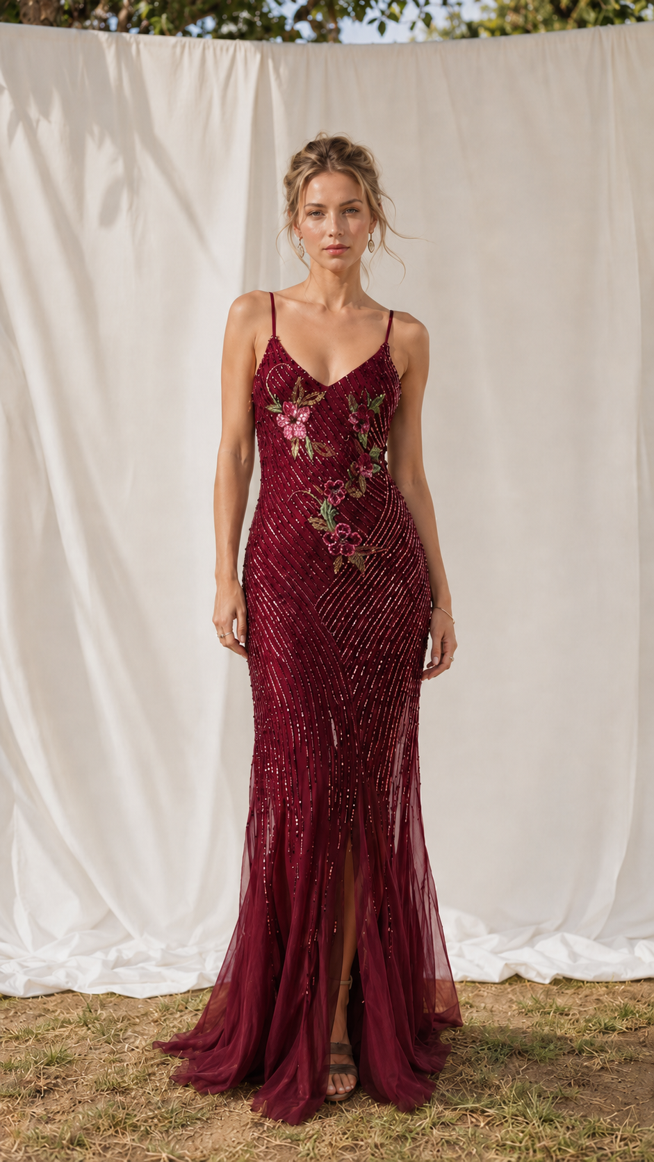 Front view of burgundy embroidered sequin mermaid maxi dress