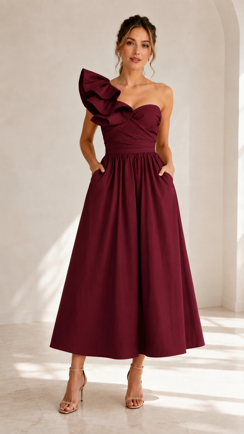 Front view of burgundy one-shoulder ruffle midi dress