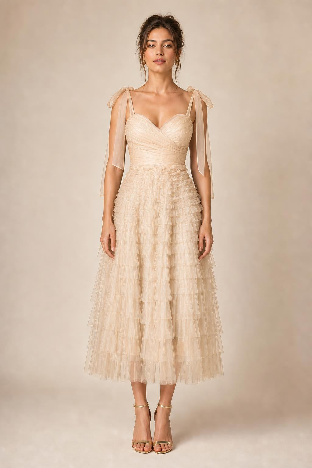 Ethereal Tiered Tulle Midi Dress in Champagne