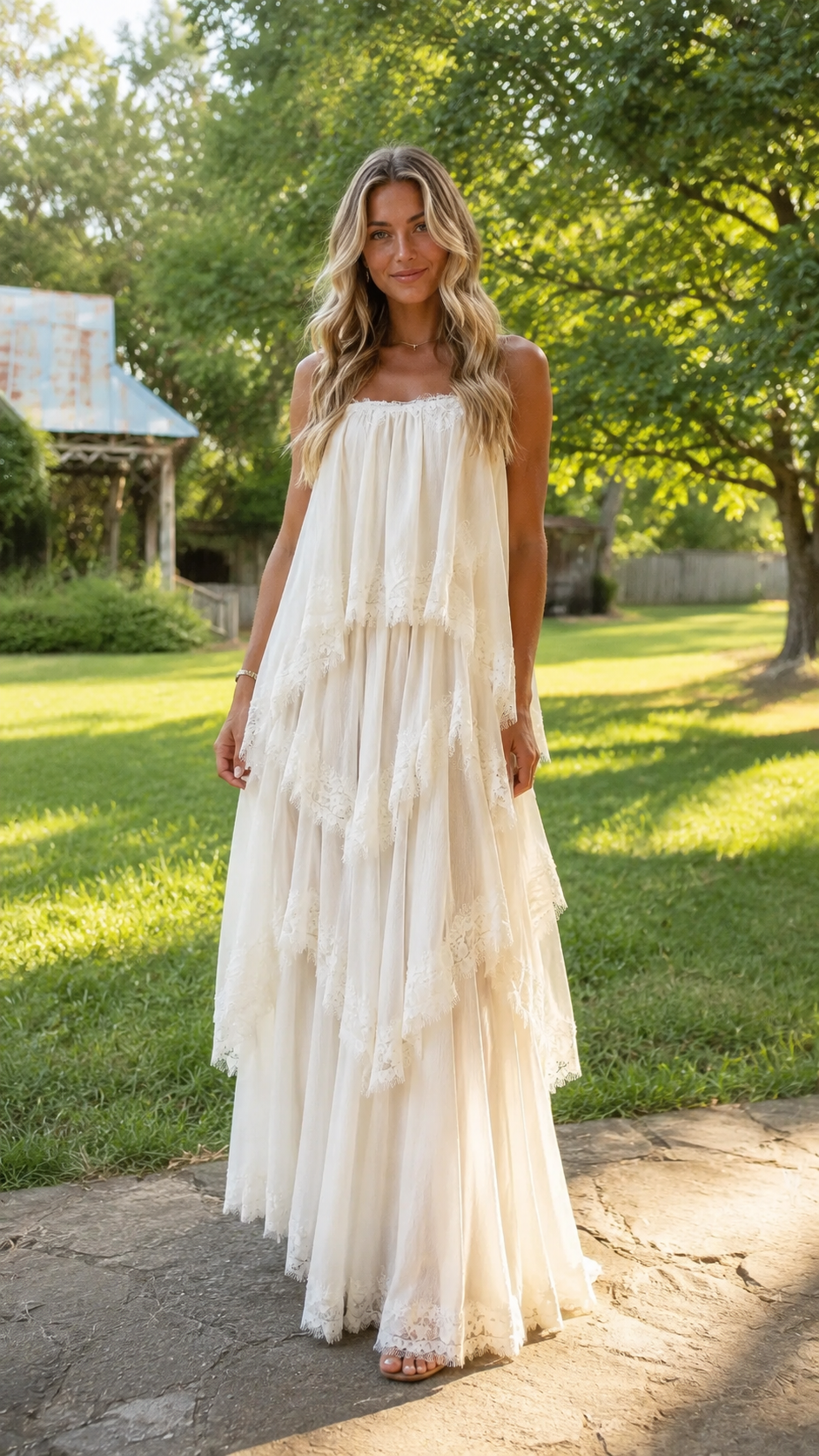 Ivory tiered lace trim maxi dress with spaghetti straps front view