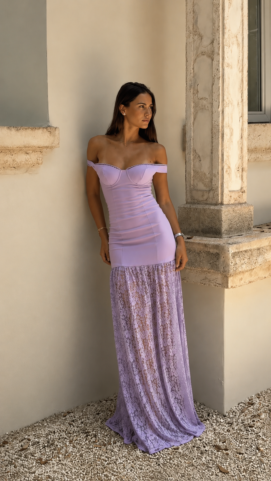 Front view of lilac off-shoulder ruched maxi dress with sheer lace-look hem