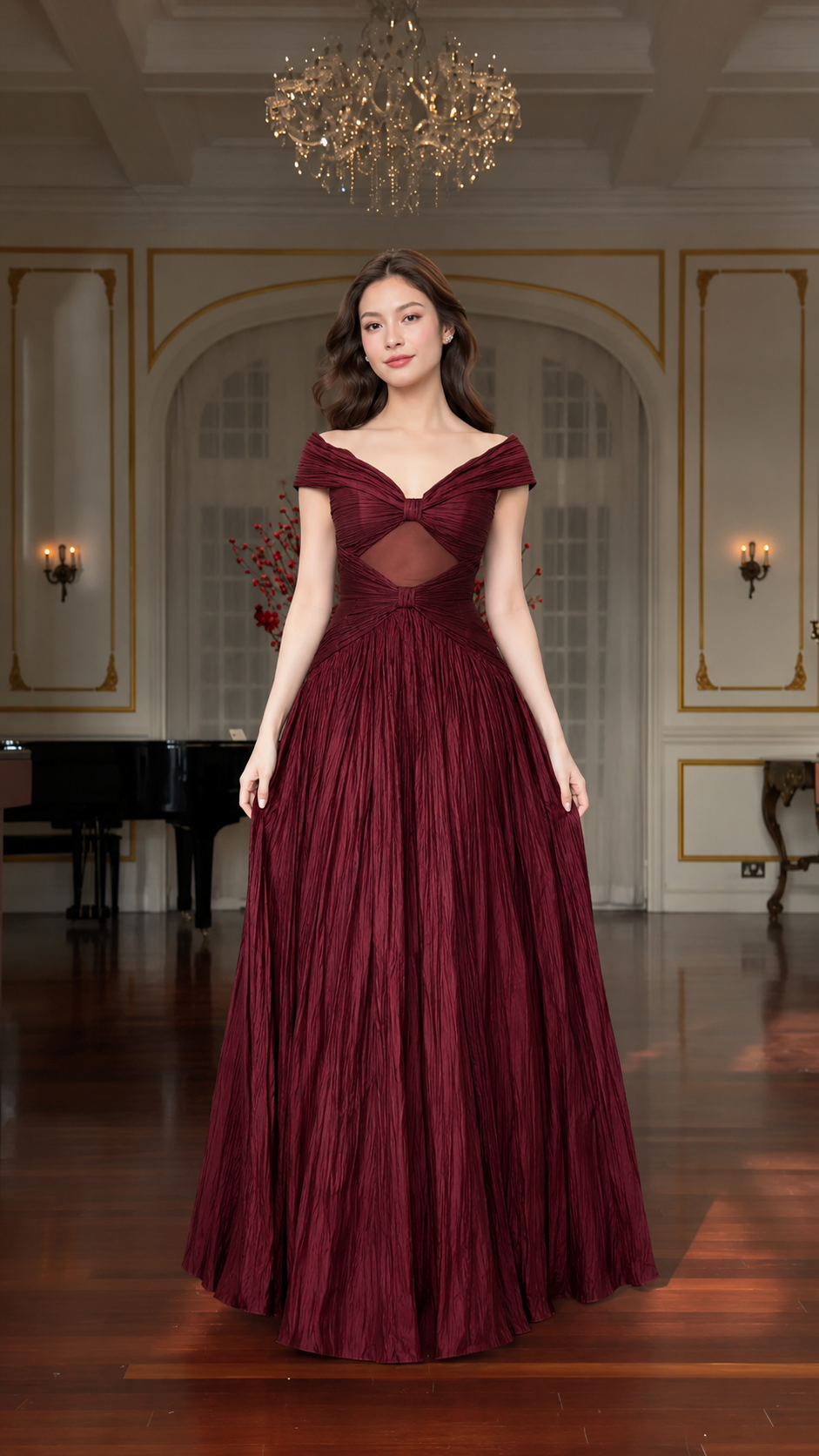 Front view of burgundy evening gown with ruched bodice and dramatic full-length silhouette