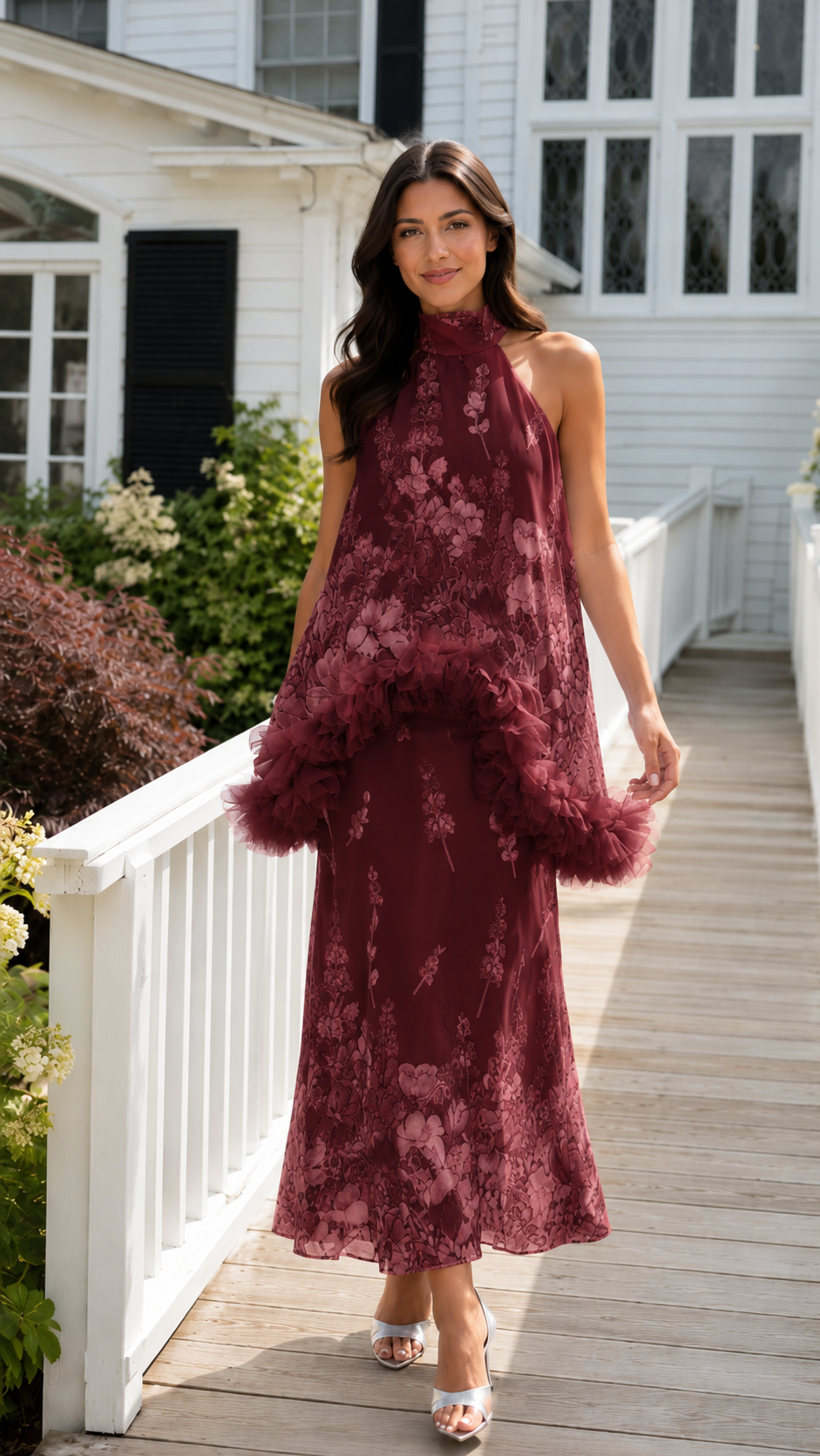 Burgundy floral halter maxi dress with textured ruffle trim