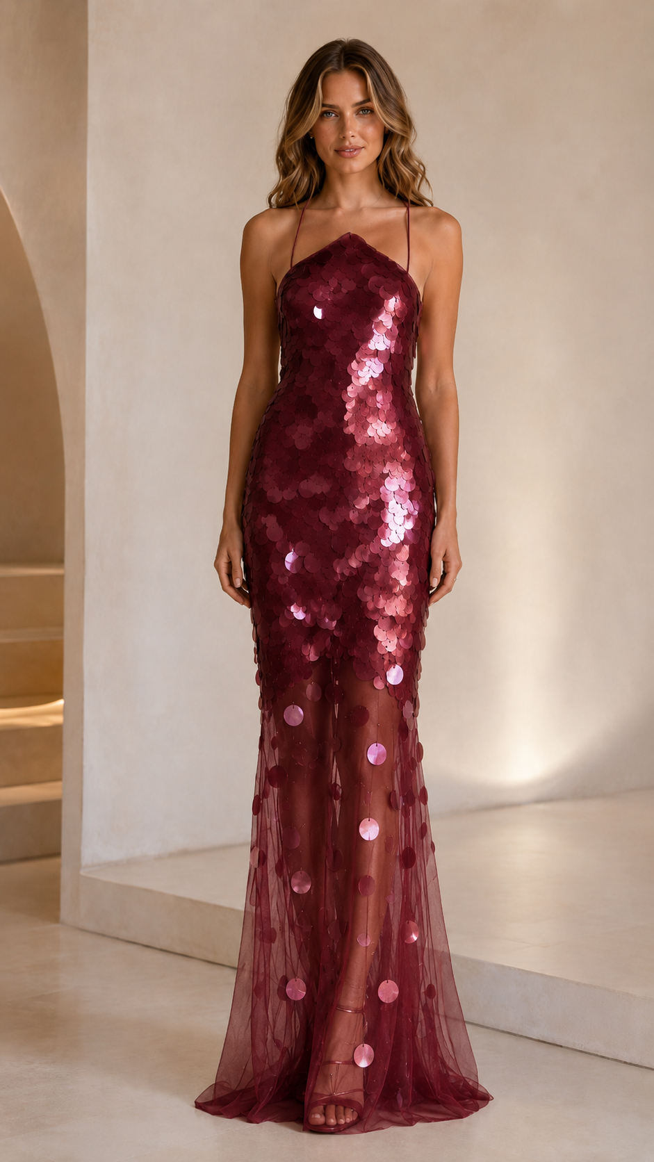 Front view of burgundy sequin mesh maxi dress with slim fit