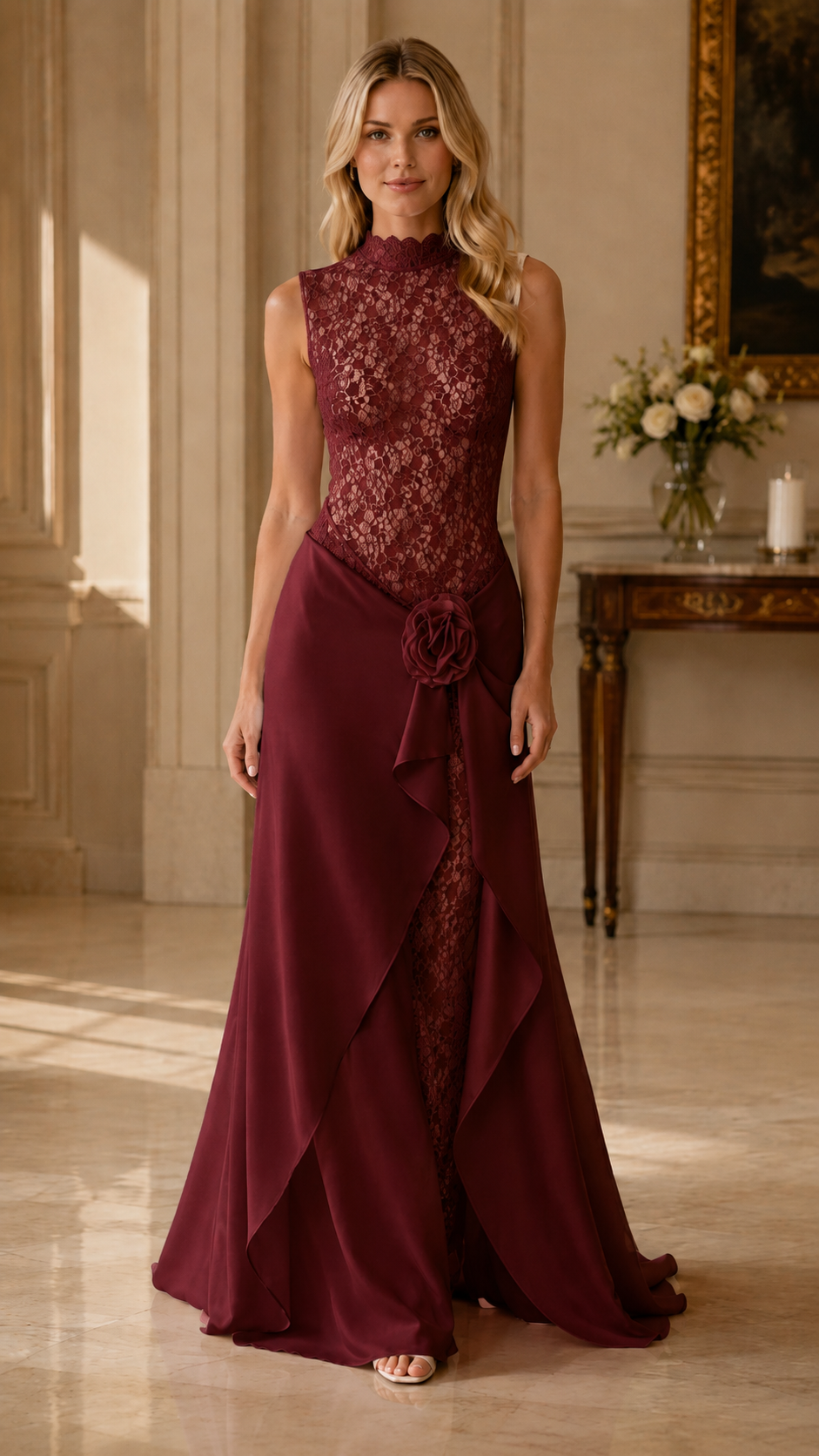 Front view of burgundy sleeveless lace formal maxi dress with floral waist accent