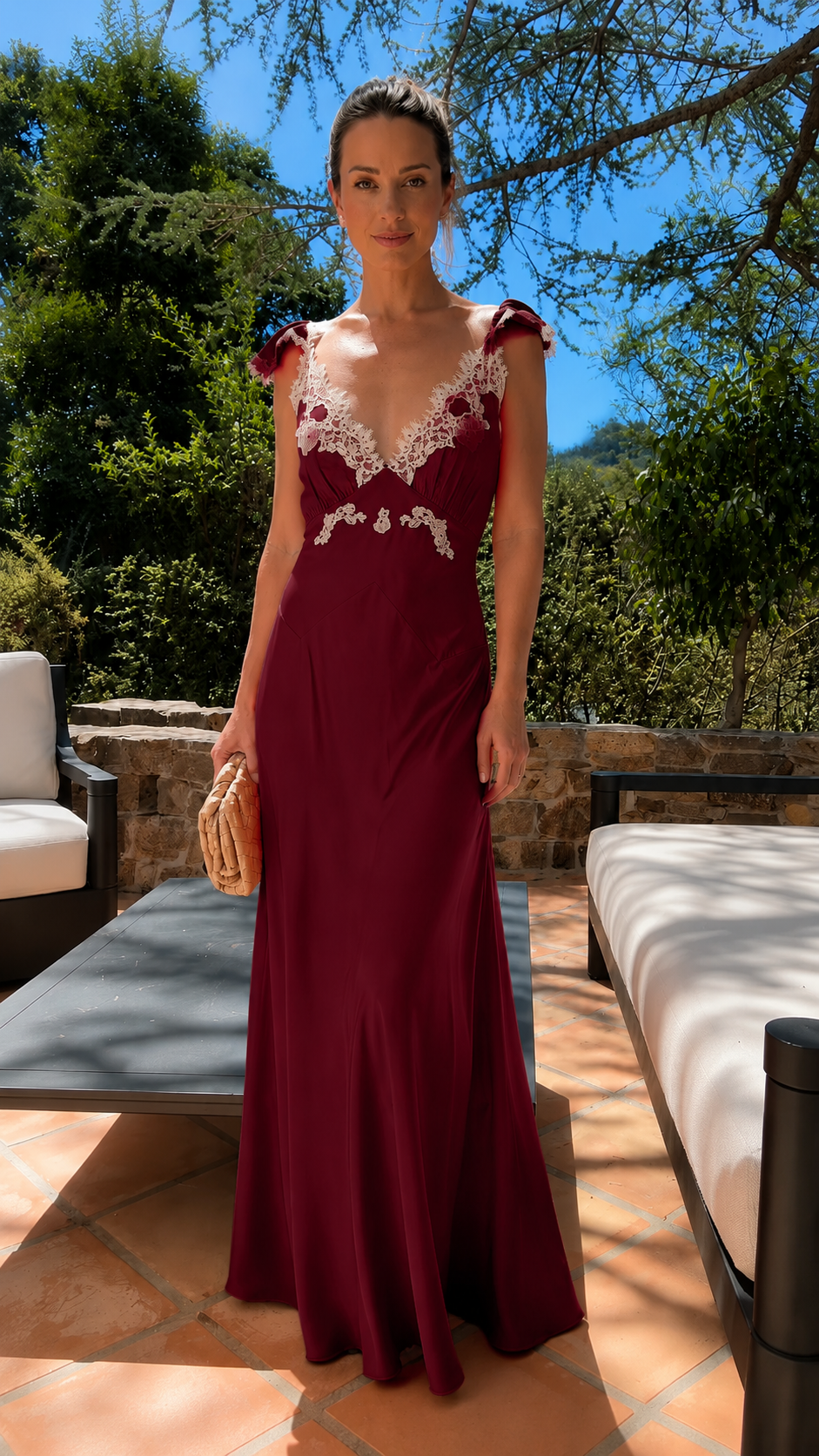 Front view of burgundy lace trim maxi dress with deep V neckline