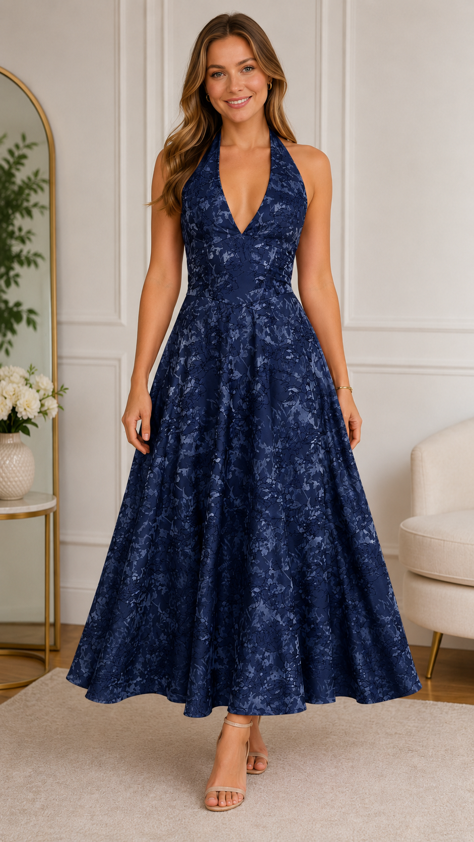Front view of navy halter floral jacquard midi dress with elegant midi length