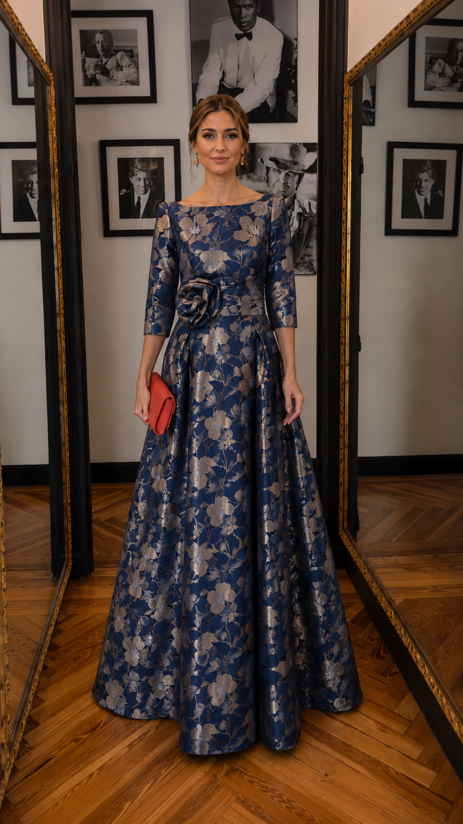 Front view of navy floral jacquard evening gown with boat neckline and full A-line skirt