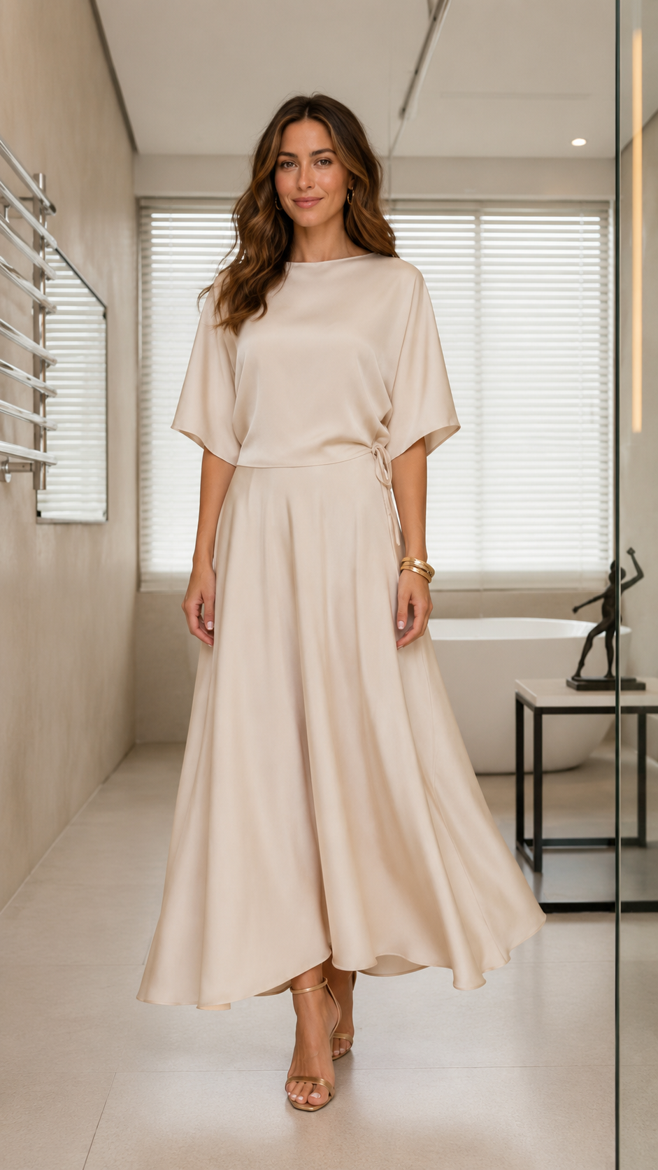 Cream belted A-line dress with boat neckline and full skirt