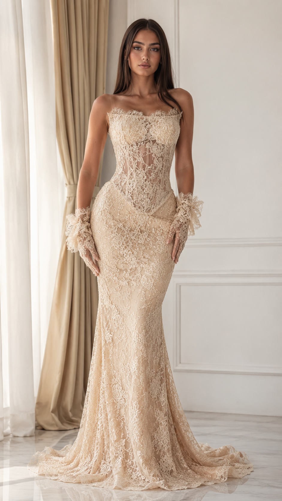 Front view of champagne strapless lace mermaid dress with fitted bodice and elegant lace finish