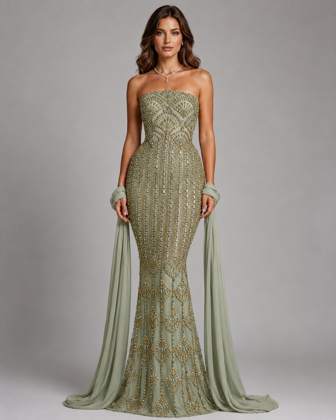 Front view of sage strapless beaded mermaid gown with matching soft draped scarf