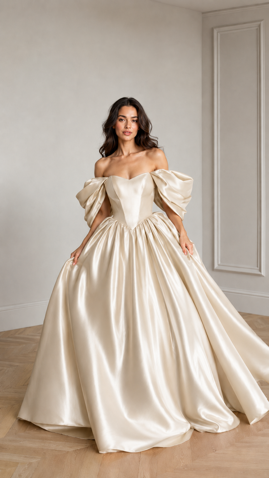 Front view of champagne off-shoulder puff sleeve satin-look ball gown