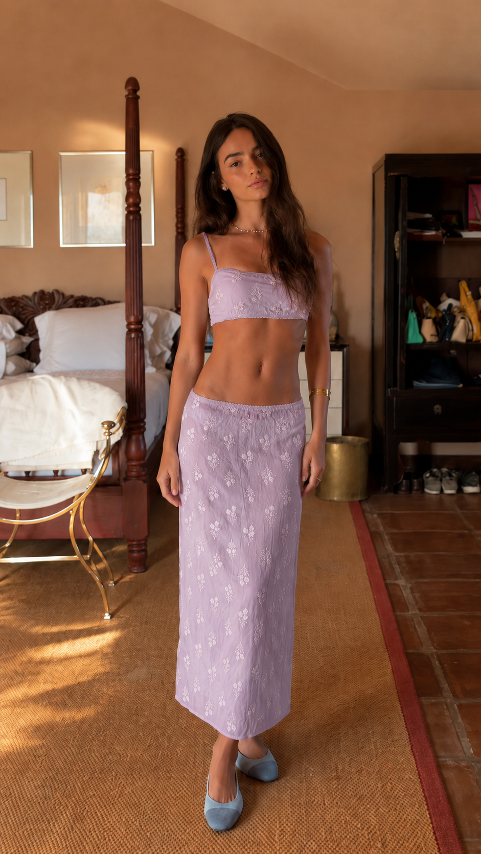 Front view of lavender embroidered crop top and maxi skirt set