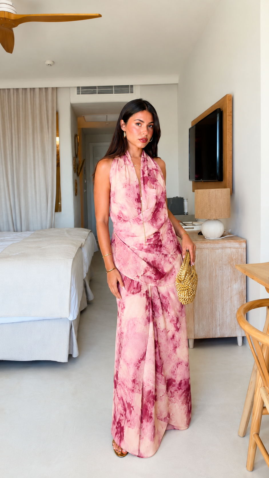 Pink tie-dye halter open-back maxi dress front view