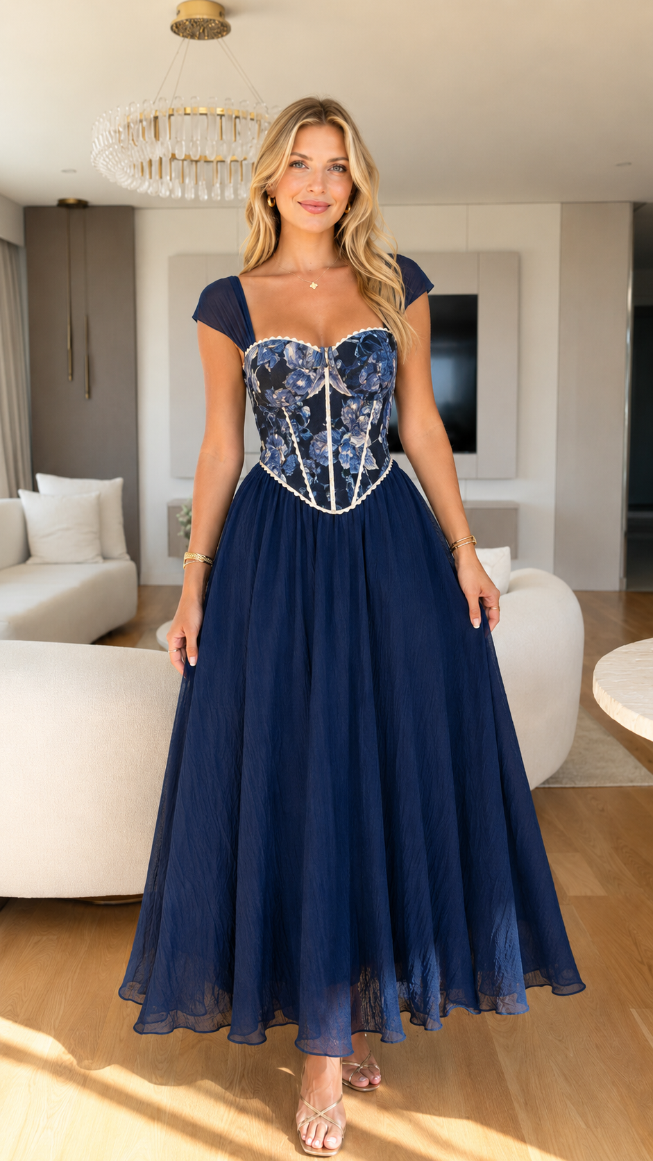 Front view of navy floral corset bodice maxi dress with cap sleeves and maxi skirt