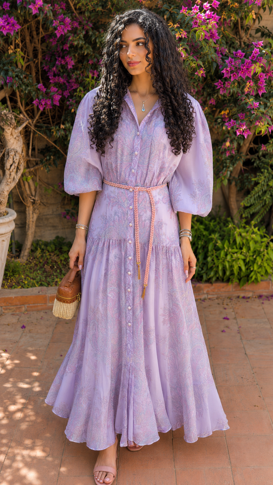 Front view of lavender floral maxi shirt dress with collared neckline and tie waist