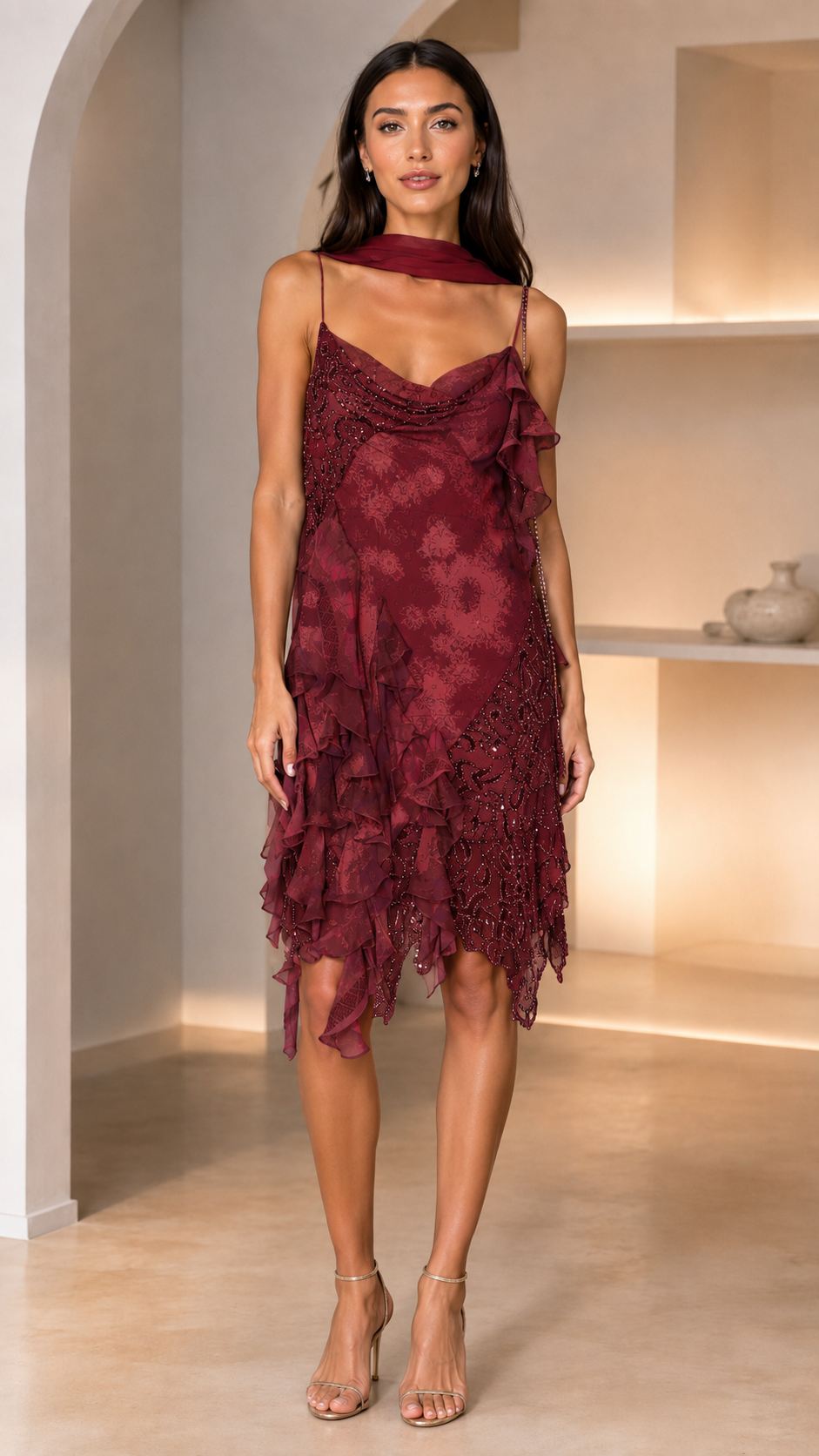 Front view of burgundy asymmetrical ruffle lace cowl neck midi dress with matching scarf