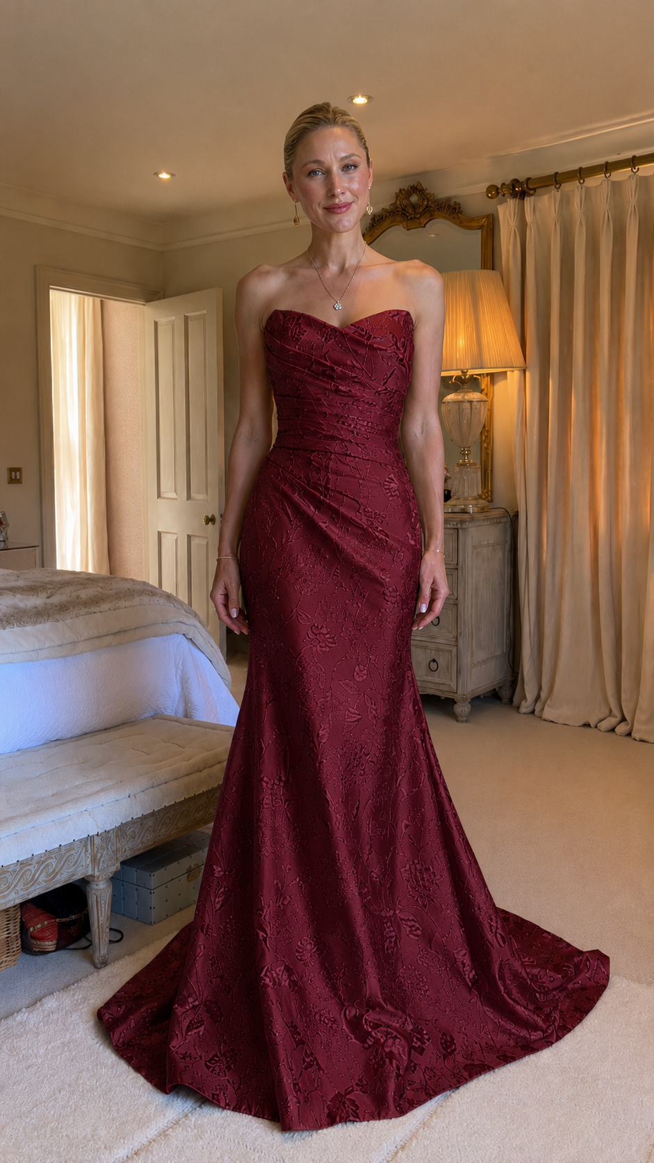 Front view of burgundy strapless mermaid evening gown
