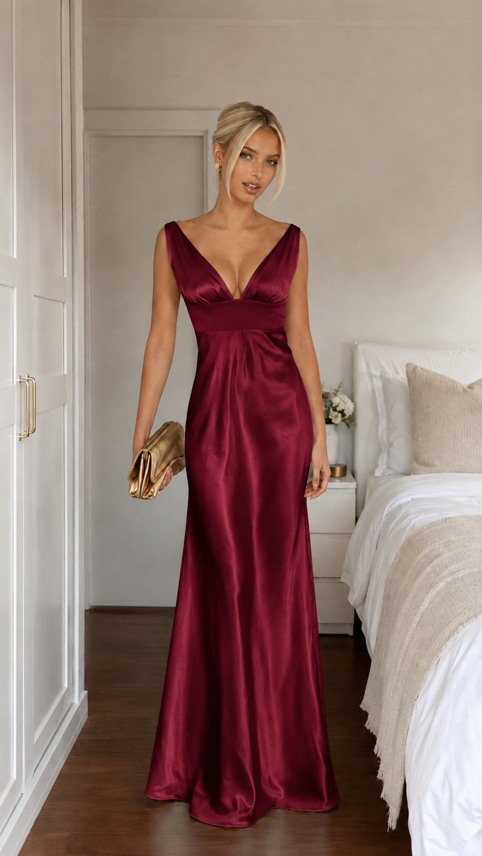 Front view of burgundy satin-look deep V formal maxi dress