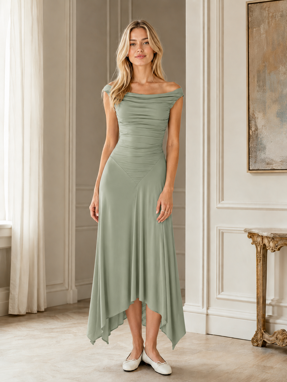 Front view of sage off-shoulder flowing midi maxi dress