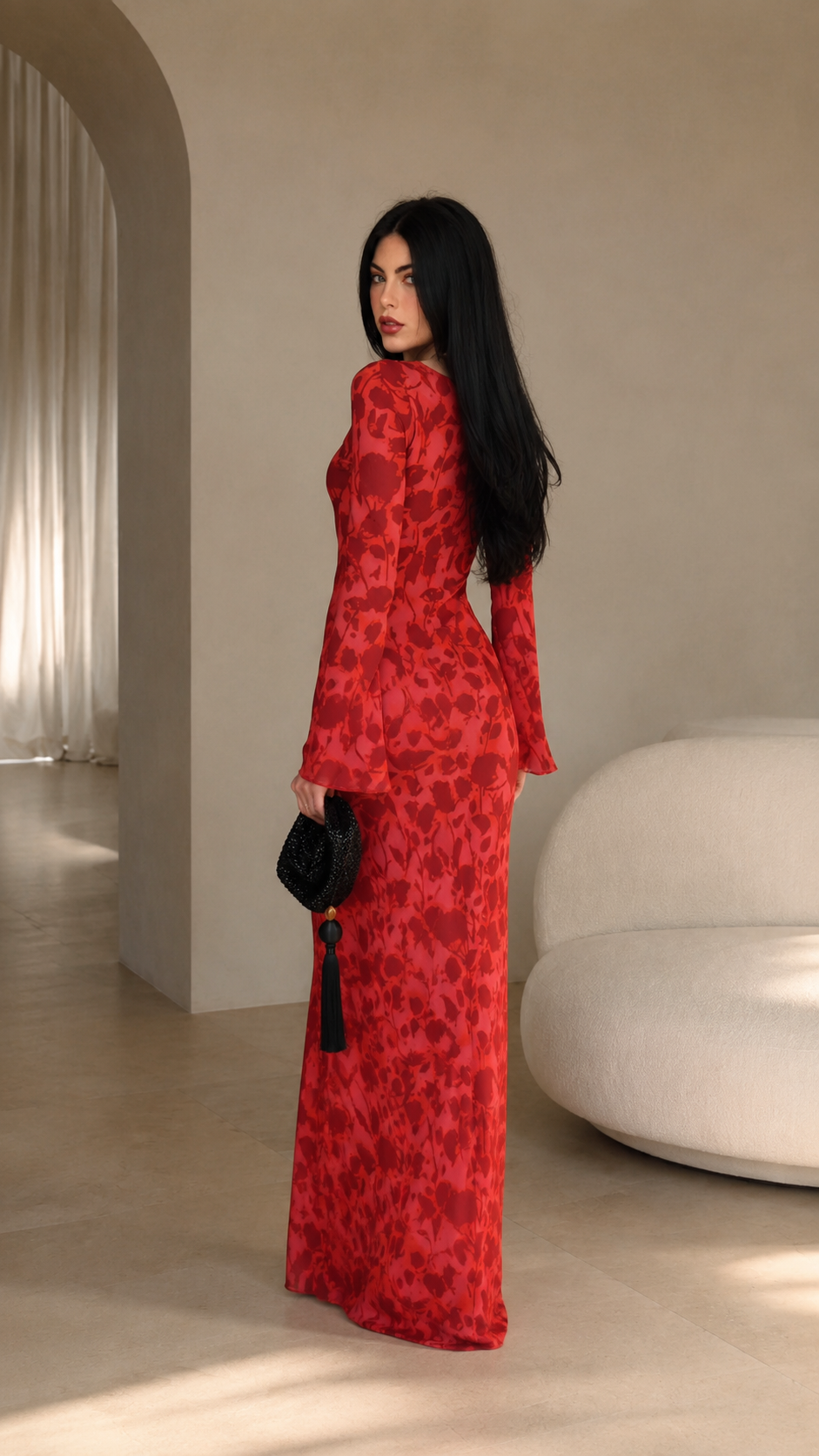 Side view of red floral slim fit maxi dress