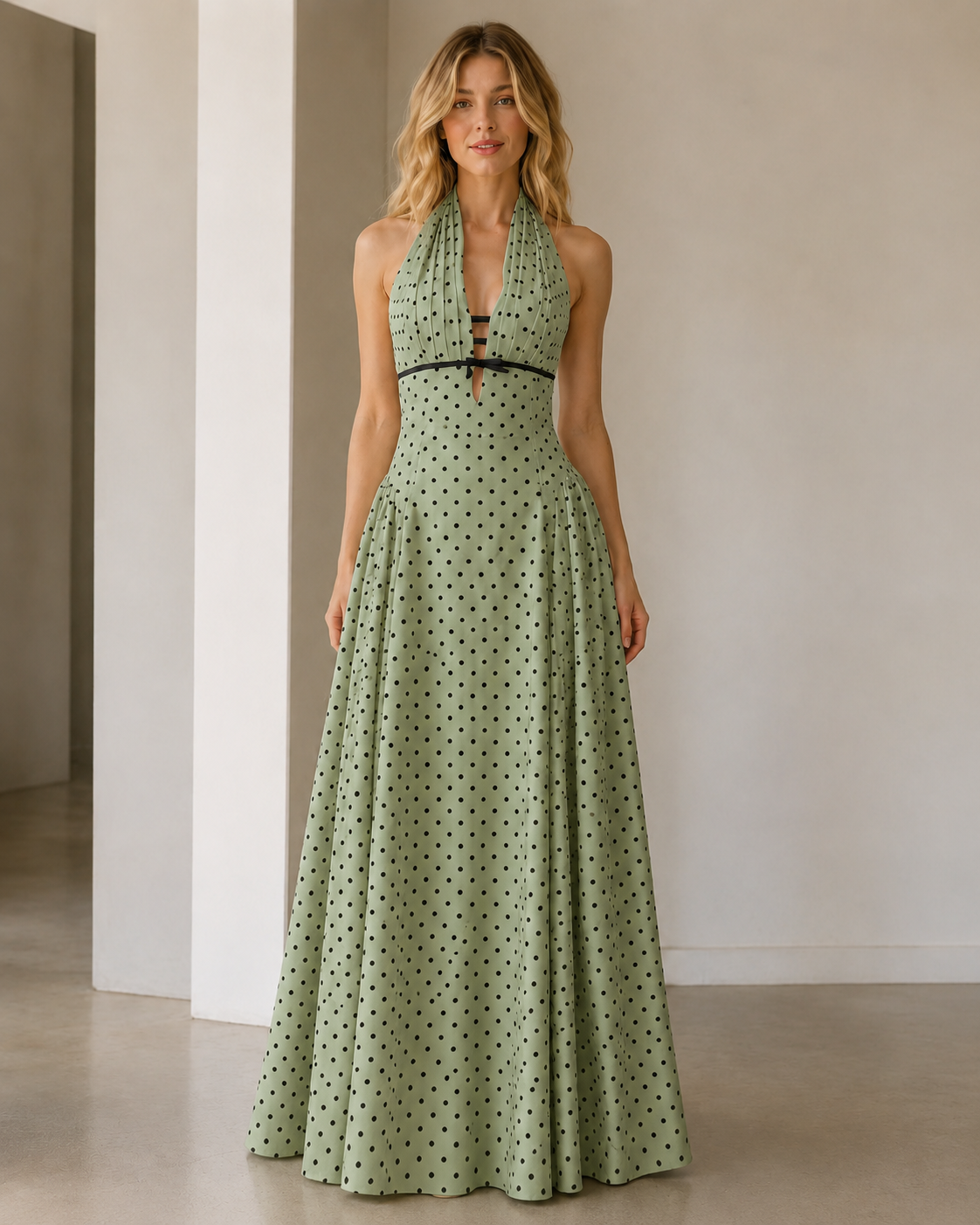 Front view of sage polka dot halter maxi dress