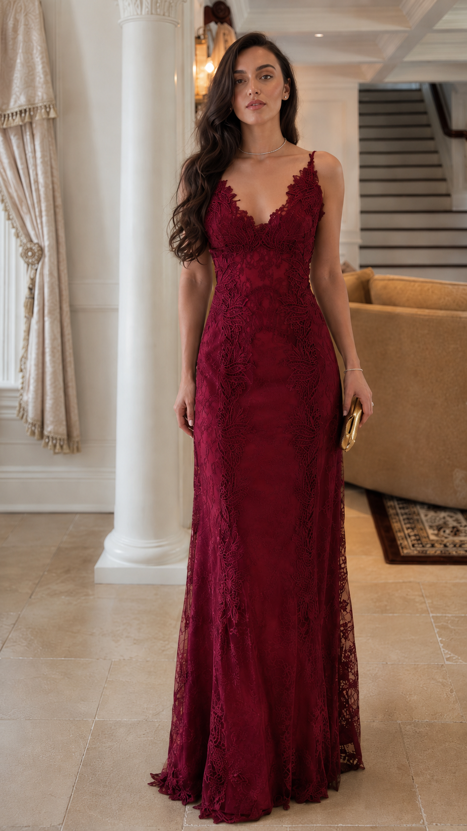 Front view of burgundy lace mermaid maxi evening gown