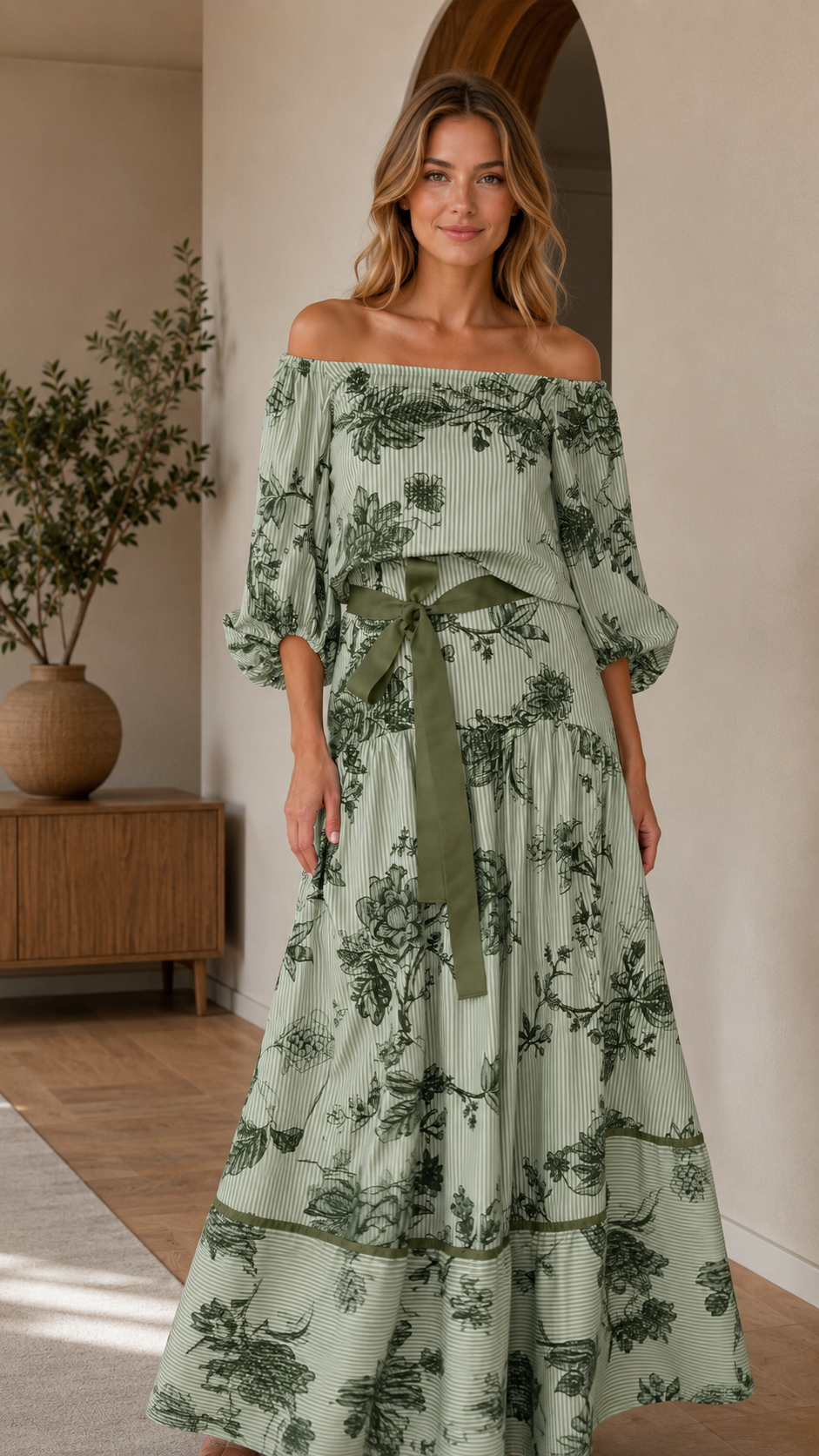 Sage green off-shoulder floral maxi dress with self-tie waist front view