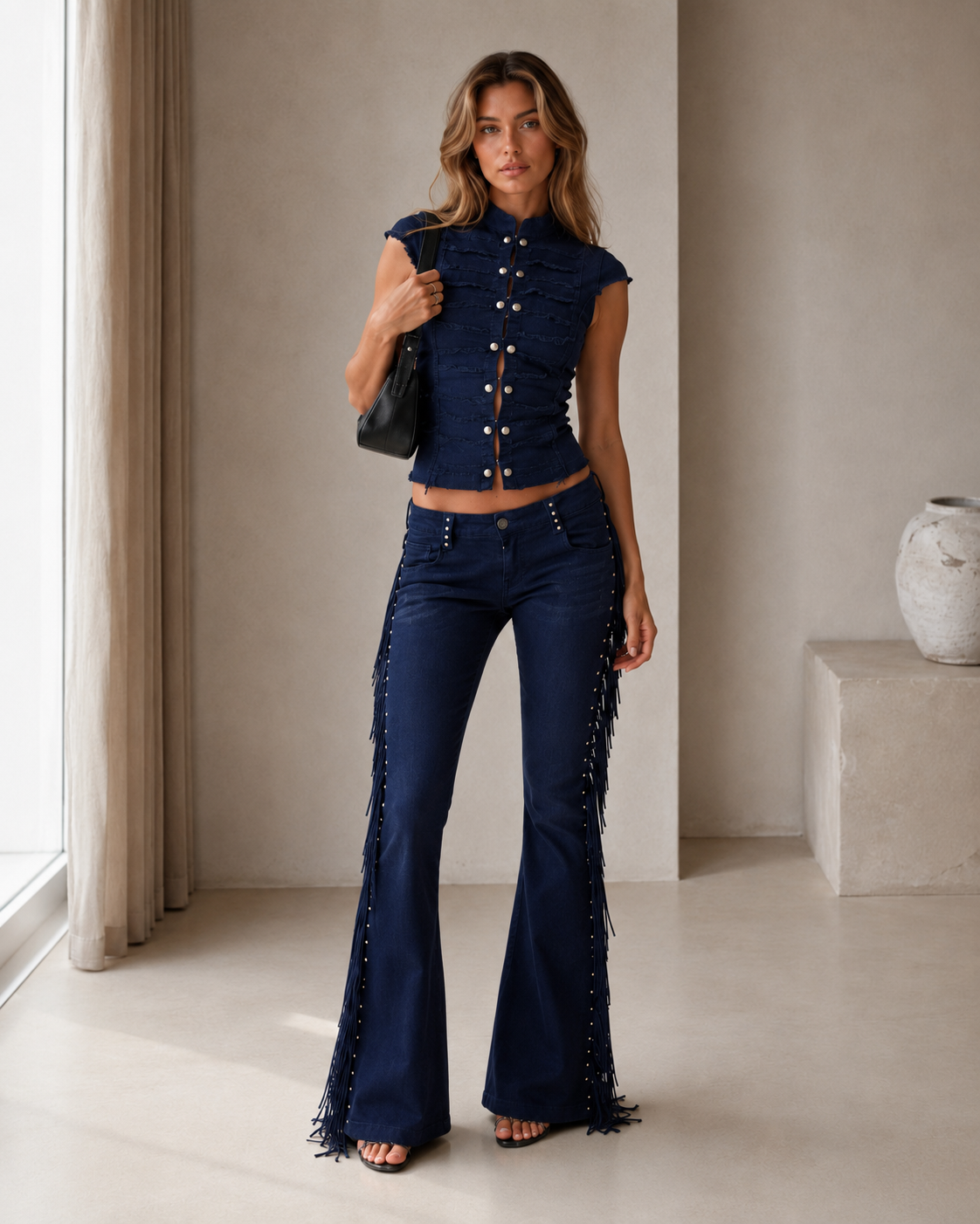 Model wearing a navy cap-sleeve crop top and matching flare pants