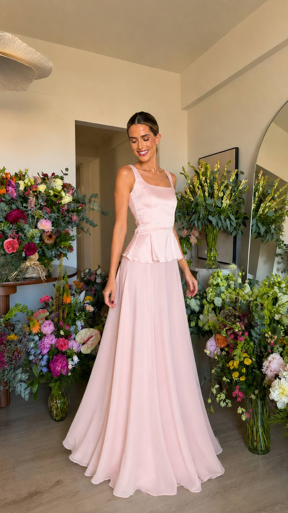 Blush pink sleeveless square neck peplum maxi dress